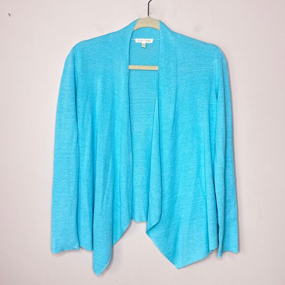 Eileen Fisher Organic Linen Open Front Waterfall‎ Cardigan Sweater Size XS Blue - Picture 1 of 6